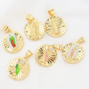 Two Tone Plated Virgin Mary Guadalupe Pendant Medallion Diamond Women’s Brass Pendant