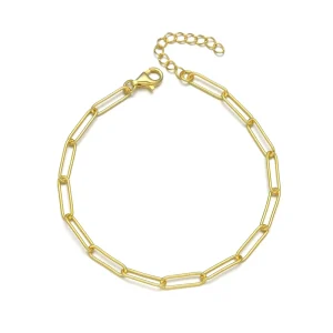Unisex 925 Sterling Silver 3.5mm Paper Clip Link Hammer Bracelet with Gold Plating and Diamond