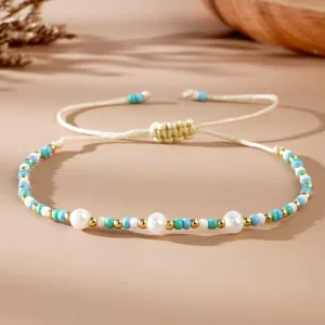 Unisex Bohemian Adjustable Bracelet with 2mm Copper Bead Imitation Pearl Glass Rice Bead