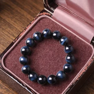 Unisex Handmade AAA Natural Blue Tiger Eye Round Bead Bracelet Semi-Precious Gemstone