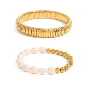 Unisex Stainless Steel Vintage Freshwater Pearl Bangle, Waterproof, Anti-Tarnish, 18K Gold-Plated