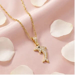 Unisex Titanium Steel Dolphin Necklace with Zircon, Gold-Plated Chain, SSZWN 038