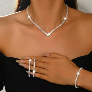 V-Shaped Rhinestone Tassel Earrings, Tennis Bracelet and Collarbone Necklaces Women’s Set