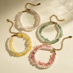 Vintage 18K Gold-Plated 316L Stainless Steel Freshwater Pearl Irregular Stone Beaded Bracelet