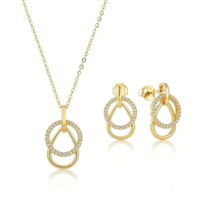 Vintage 925 Sterling Silver 18K Gold-Plated Oval Circle Pendant Moissanite Necklace and Earring Set