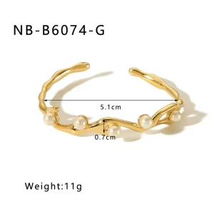 Vintage Adjustable Open Cuff Bangle Bracelet for Women, Stainless Steel 18K Gold-Plated Irregular-Shape Pearl Charm