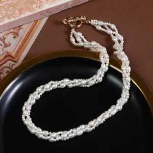 Vintage Baroque 3-Layer Twisted Rope Natural Freshwater Pearl Necklace, Clavicle Chain, Bulk