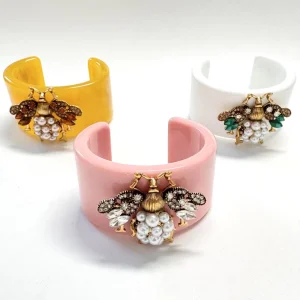Vintage Bee Pearl Rhinestone Crystal Bangle Bracelet, Yellow Pink White