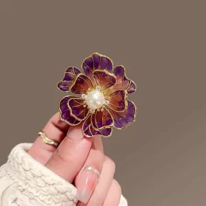 Vintage Enamel Peony Flower Brooch with Pearl Detail
