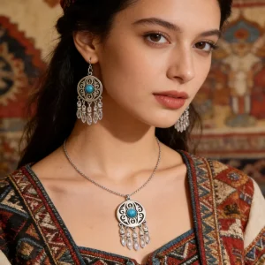 Vintage Ethnic Tassel Necklace and Bohemian Earrings Set, Alloy, Women’s