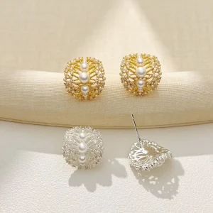 Vintage Filigree Hollow Brass Square Multi-Pearl Stud Earrings