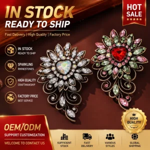 Vintage Floral Heart Rhinestone Brooch, Antique Style, for Formal Wear and Weddings
