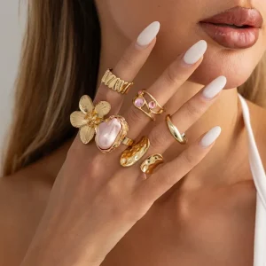 Vintage Flower Baroque Imitation Pearl Stackable Ring Set for Women, Irregular Open Ring