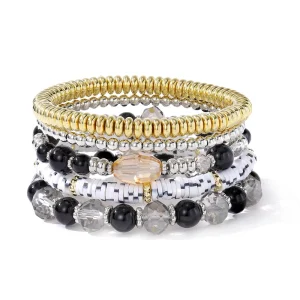 Vintage Geometric Beaded Elastic Bracelet, Soft Ceramic Crystal, Multi-Layer Set