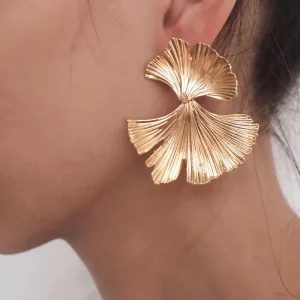 Vintage Geometric Boho Metal Flower Ginkgo Leaf Statement Dangle Earrings