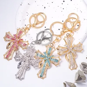 Vintage Hollow Rhinestone Cross Keychain with Crystal Charm Religious Accessory