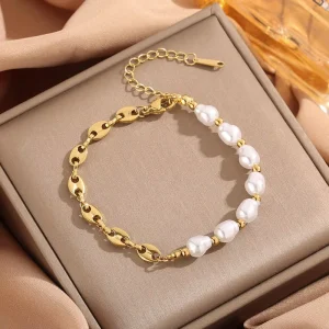 Vintage-Inspired Irregular Pearl Charm Bracelet, Stackable Stainless Steel 18K Gold-Plated Chain Bracelet