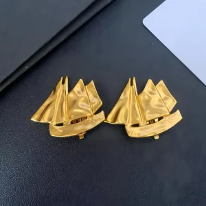 Vintage Matte Gold Sailboat Clip-On Earrings Textured Metal No Piercing