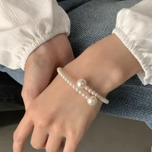 Vintage Open Adjustable Pearl Bead Bracelet Bangle for Women