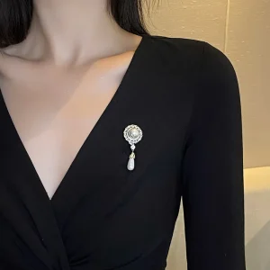 Vintage Oval Pearl Drop Flower Brooch with Diamond Buckle