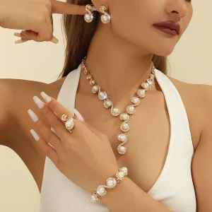 Vintage S-Shape Wave Wedding Zircon Pearl Jewelry Set for Women