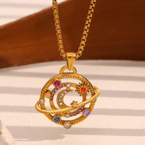 Vintage Stainless Steel 18K Gold-Plated Zircon Pendant Necklace