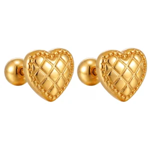 Vintage Stainless Steel Grid Design Heart-Shaped Stud Earrings Women Girls
