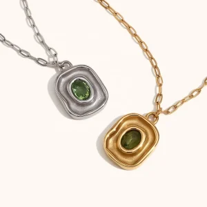 Vintage Stainless Steel Link Chain Necklace With Irregular Oval Green Zircon Pendant