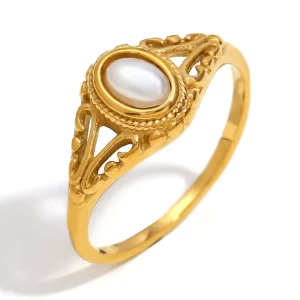 Vintage Women’s Pearl Claw-Set Ring, Geometric Pattern, 316L 18K Gold-Plated Stainless Steel