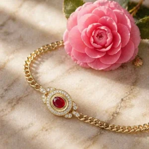 Vivid Red Anti-fade 18K Gold Plated Dainty Link Chain Jewelry Secure Double Layer Gem Setting Ruby Halo Bracelet
