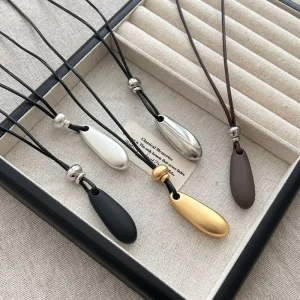 Water Drop Pendant Necklace with Leather Rope Long Sweater Chain