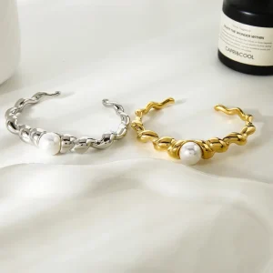 Waterproof 18K Gold PVD Plated Chunky Twist Rope Bangle Stainless Steel Pearl Bracelet