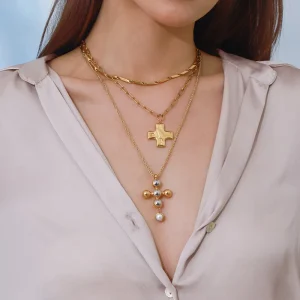Waterproof 18K Gold-Plated Stainless Steel Cross Pendant Clavicle Chain Necklace