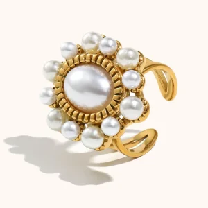 Waterproof Adjustable Stainless Steel 18K Gold-Plated Flower Pearl Ring