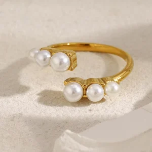 Waterproof Durable 18K Plated Imitation Pearl Stainless Steel Ring for Women