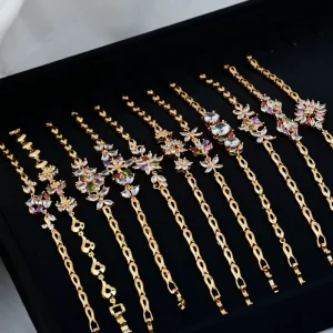 Waterproof Gold-Plated Colorful Zircon Flower and Leaf Hollow Cuff Bracelet for Women