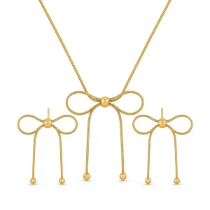Waterproof Gold Plated Dainty Pearl Ribbon Knot Bow Pendant Bowknot Stainless Steel Snake Chain Necklace Earring Set