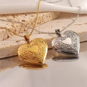 Waterproof Non-Fading Minimalist Engraved Heart Locket Necklace, Stainless Steel, for Women