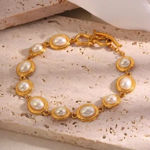 Waterproof Pearl Bracelet Anti-Tarnish Stainless Steel 18K Gold Plated TGSL5717