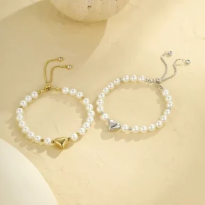 Waterproof Stainless Steel Heart Charm Shell Pearl Beaded Tennis Bracelet for Women