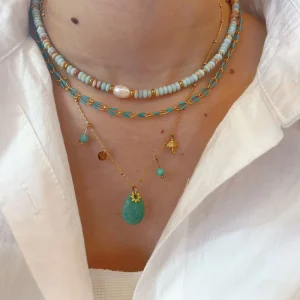 Waterproof Stainless Steel Natural Stone Pendant Beaded Pearl Necklace for Women