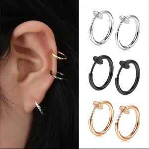 Waterproof Stainless Steel Spring Piercing-Free 18K Gold Plated Round Wire Hoop Clip-on Earrings