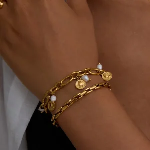 Waterproof Tarnish Free 18K Gold Stainless Steel Hypoallergenic Classic Pearl Badge Watch Chain Bracelet
