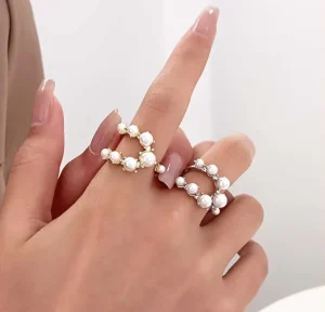 White Double Layer Pearl Rings for Women with Large Geometric Crystal Adjustable Ring