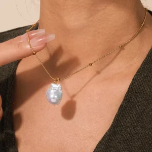 White Freshwater Pearl Fishtail Pendant Necklace, Non-Fading Stainless Steel Layered Collarbone Chain, Large-Particle