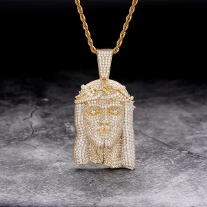 White Gold CZ Diamond Big Jesus Christ Face Pendant