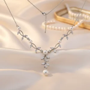 White Pearl Silver Necklace with Vine Branches and Leaves Design for Weddings