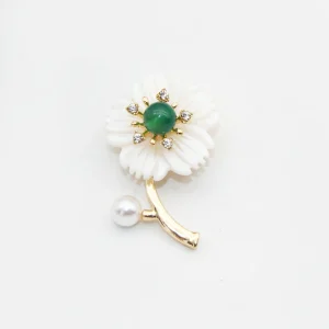 White Shell Flower Brooch Gold-Tone Pin for Suits, Scarves and Bags