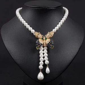 White Shell Pearl Round Necklace, CZ Butterfly Design