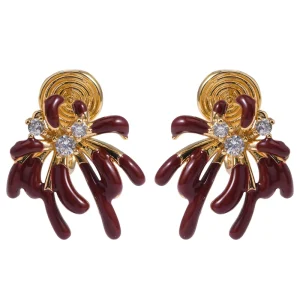 Wine Red Velvet Bow Earrings with Pearl Tassel Silver Needle Vintage